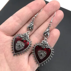 Occult Dark Drop Jewelry Blood Rose Heart Oil Bat Gothic Earrings