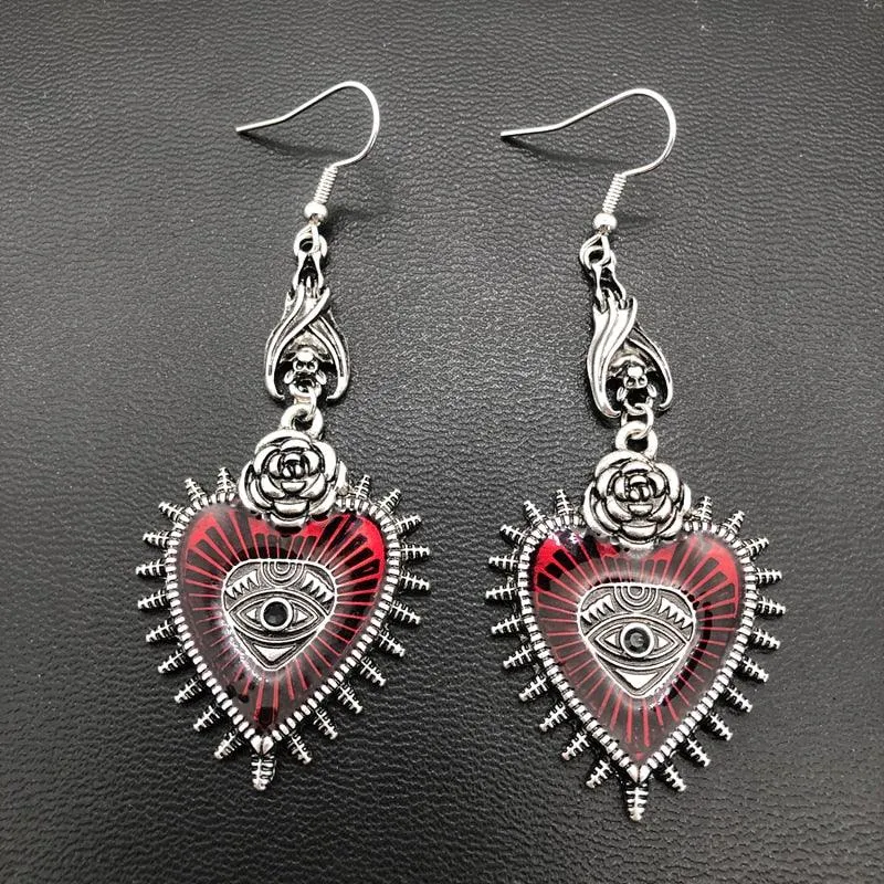 Occult Dark Drop Jewelry Blood Rose Heart Oil Bat Gothic Earrings