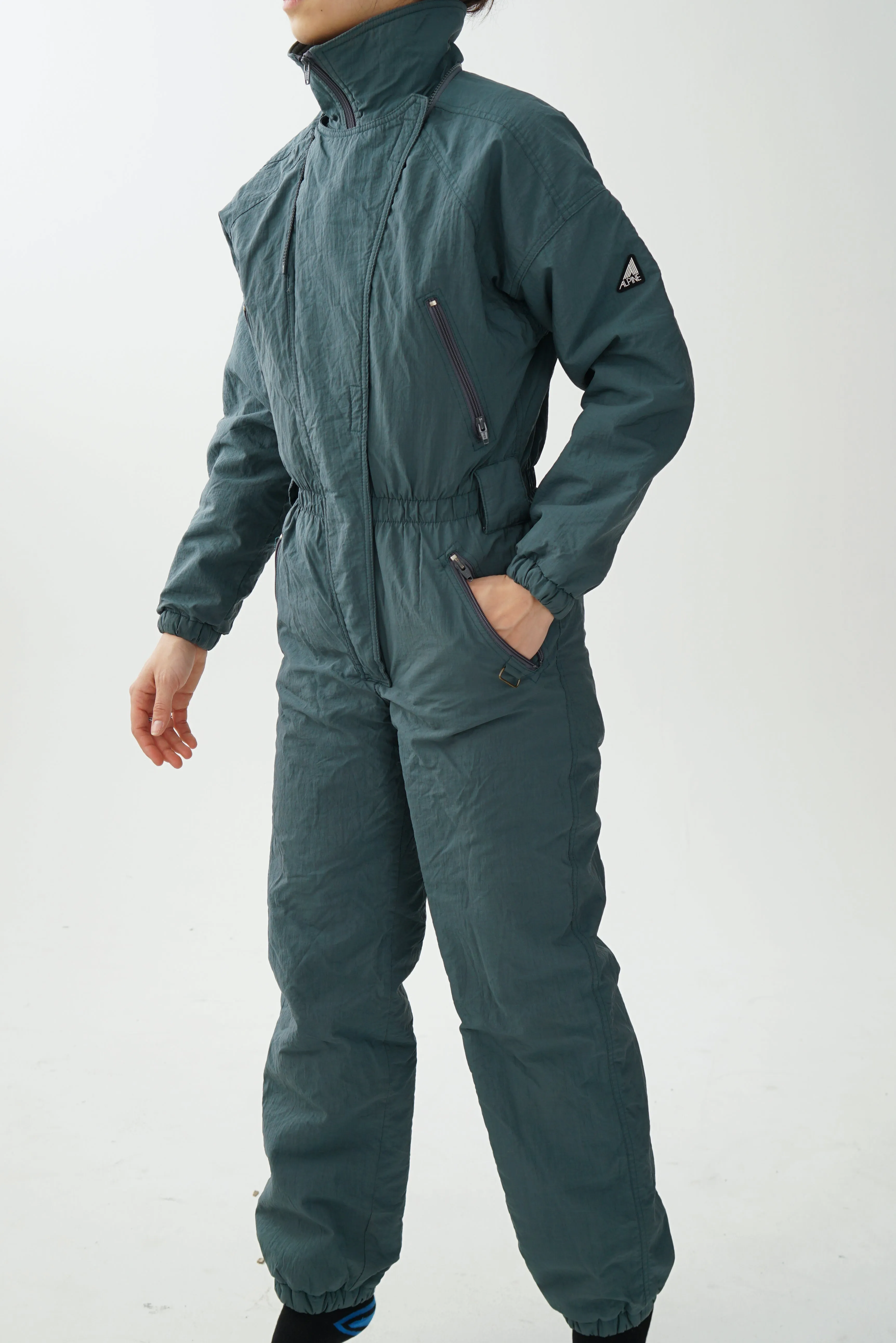 One piece vintage Alpine ski suit, snow suit gris unis unisex taille S