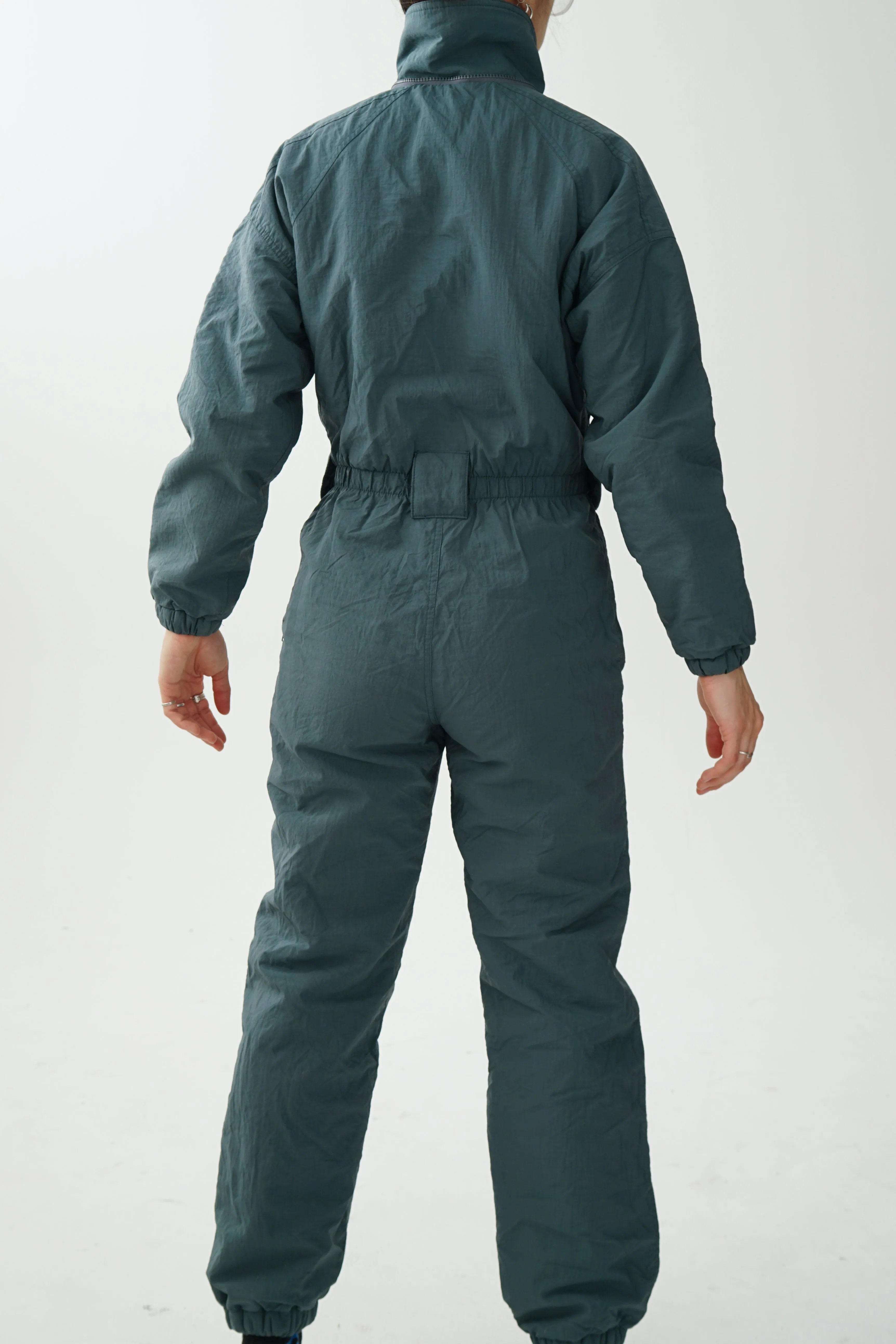 One piece vintage Alpine ski suit, snow suit gris unis unisex taille S