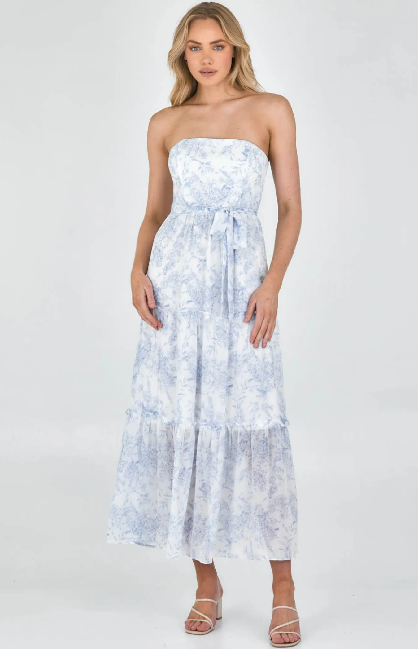 Printed Strapless Maxi Dress with Tiered Hem (SDR968B) 