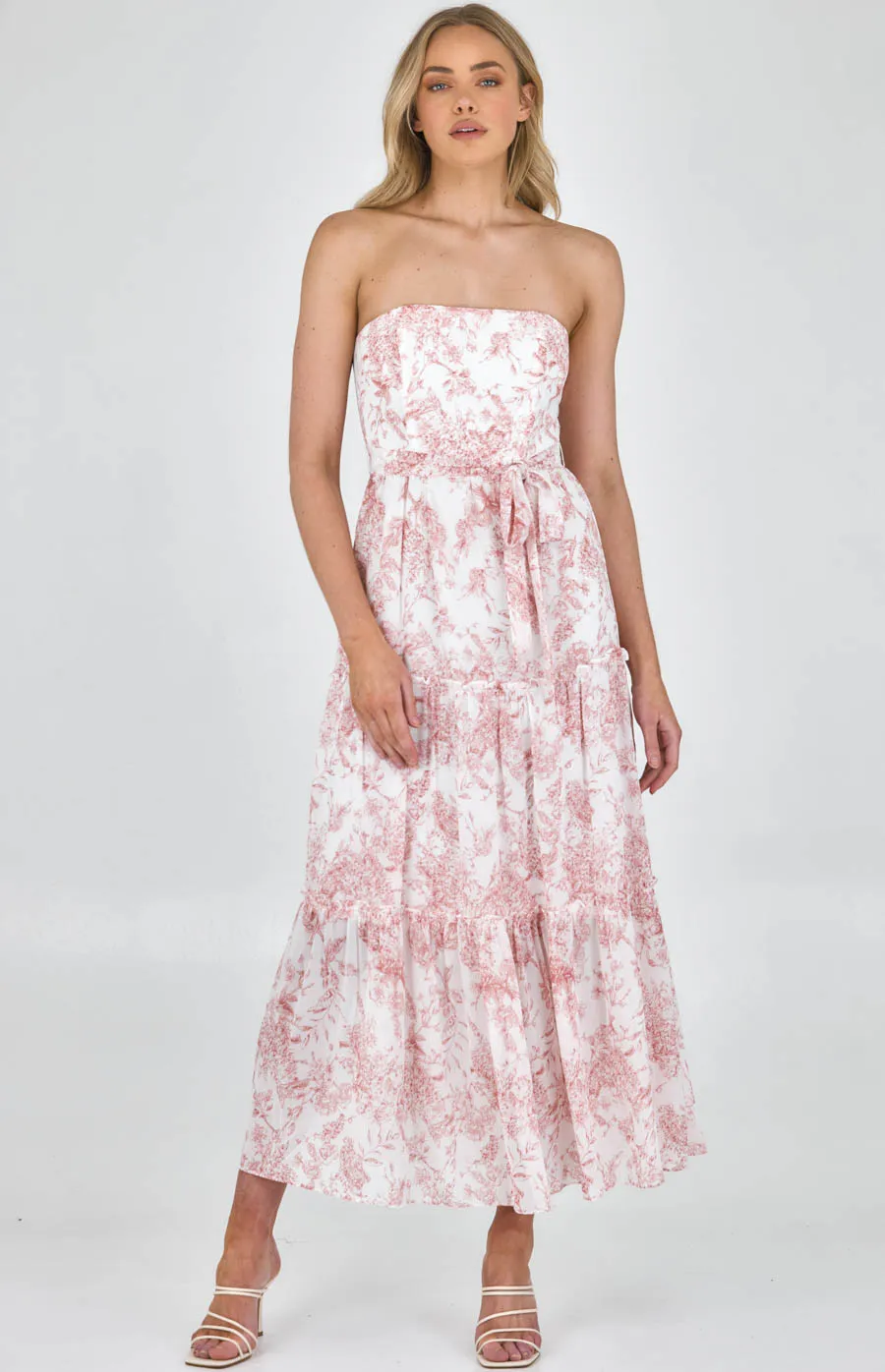 Printed Strapless Maxi Dress with Tiered Hem (SDR968B) 