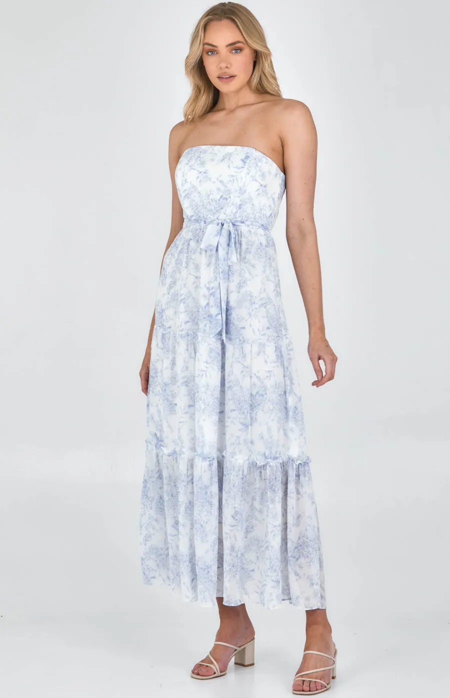 Printed Strapless Maxi Dress with Tiered Hem (SDR968B) 