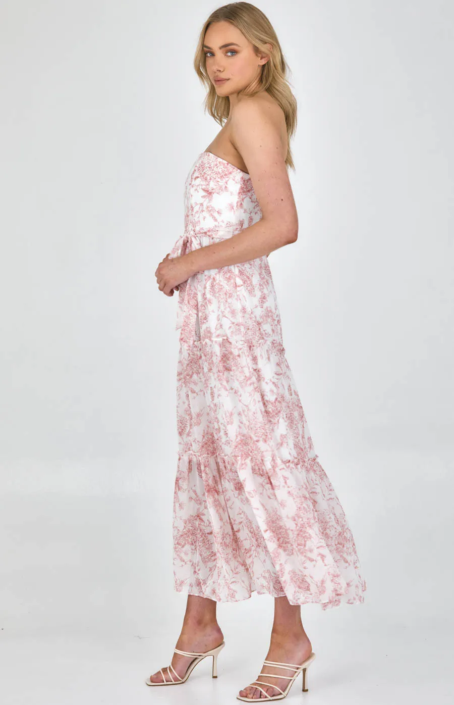 Printed Strapless Maxi Dress with Tiered Hem (SDR968B) 