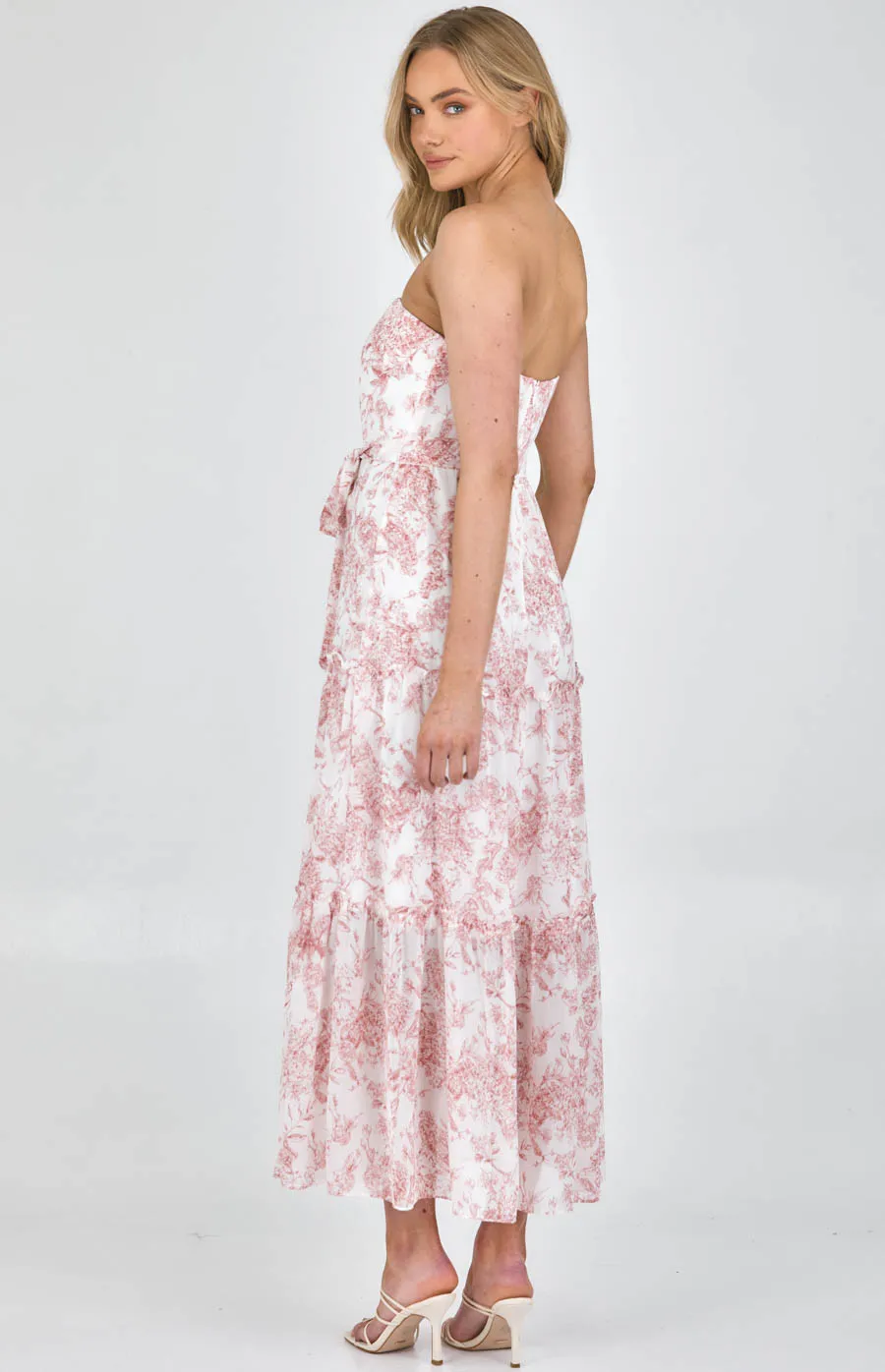 Printed Strapless Maxi Dress with Tiered Hem (SDR968B) 