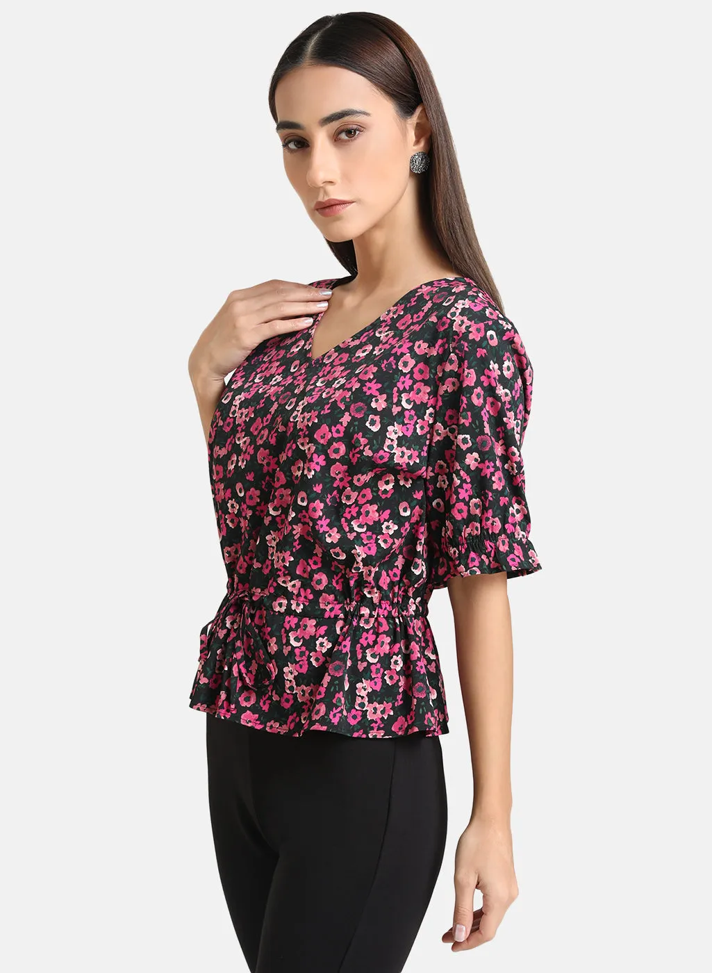 Printed Top With Drawstring At Waist