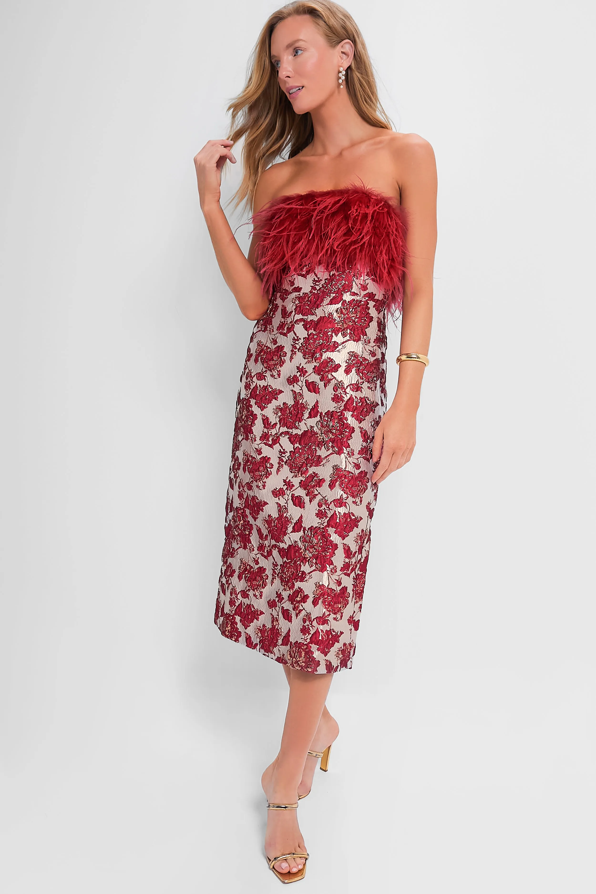 Red Jacquard Feathered Reina Midi Dress