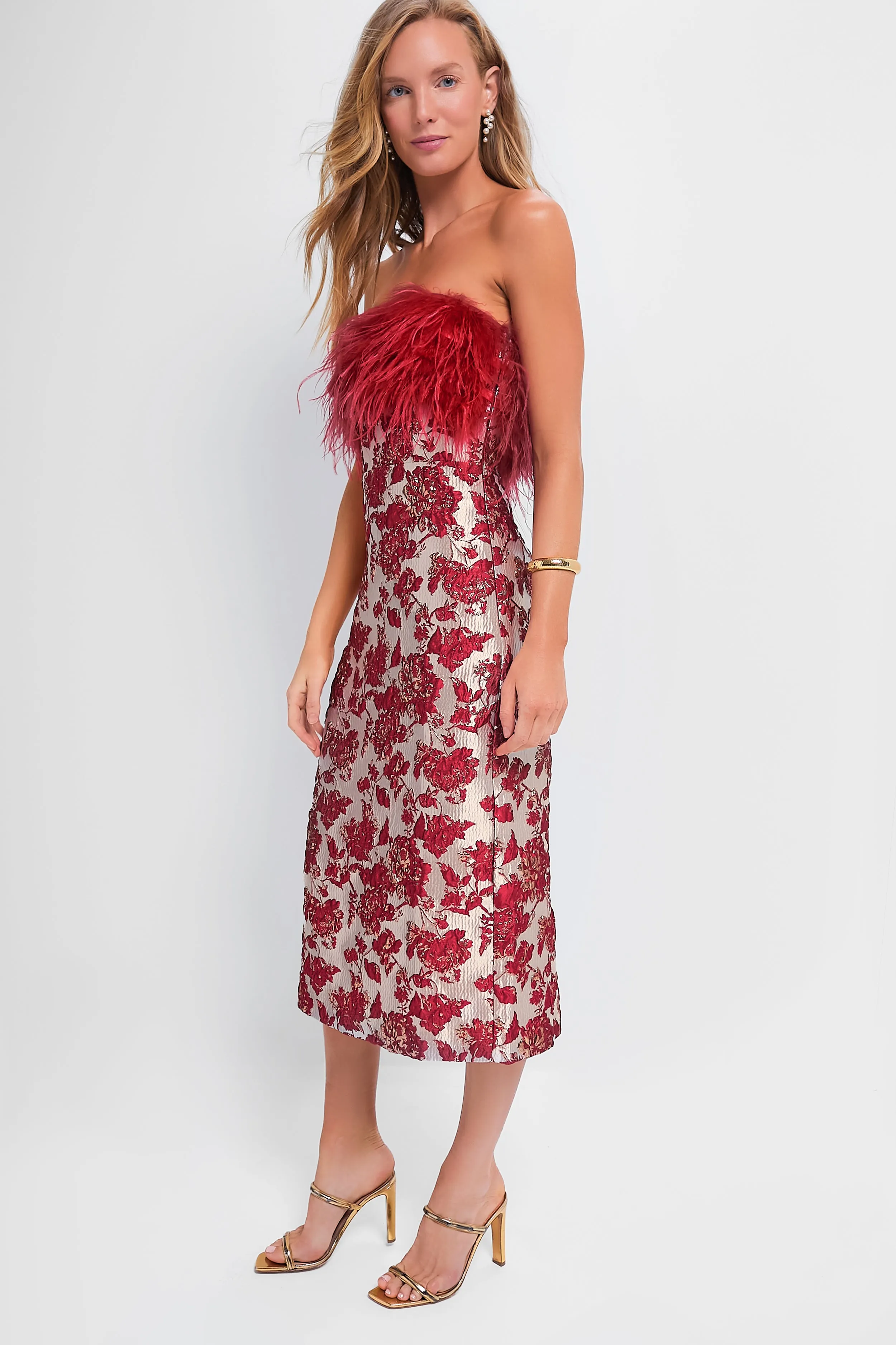 Red Jacquard Feathered Reina Midi Dress