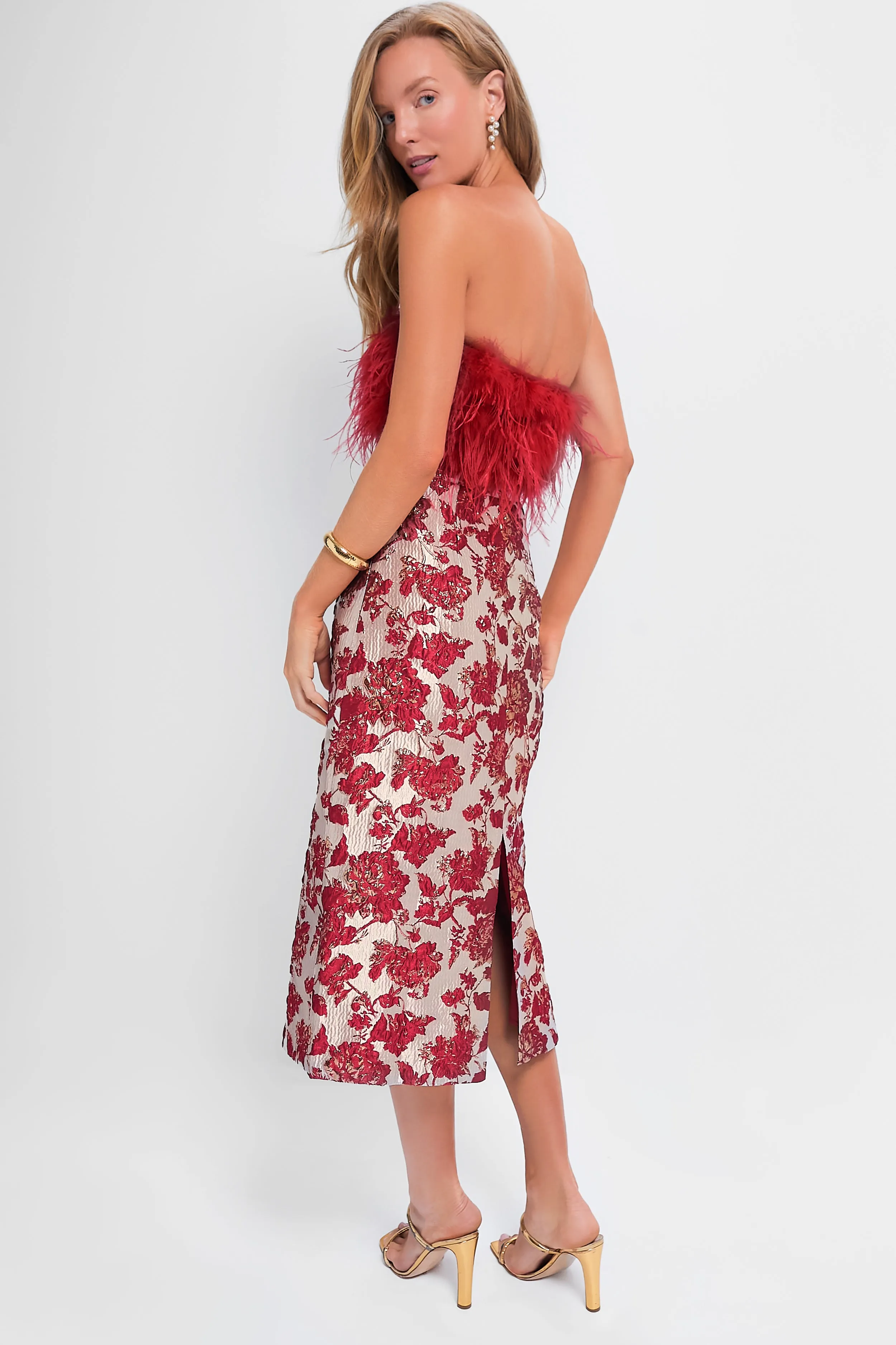 Red Jacquard Feathered Reina Midi Dress