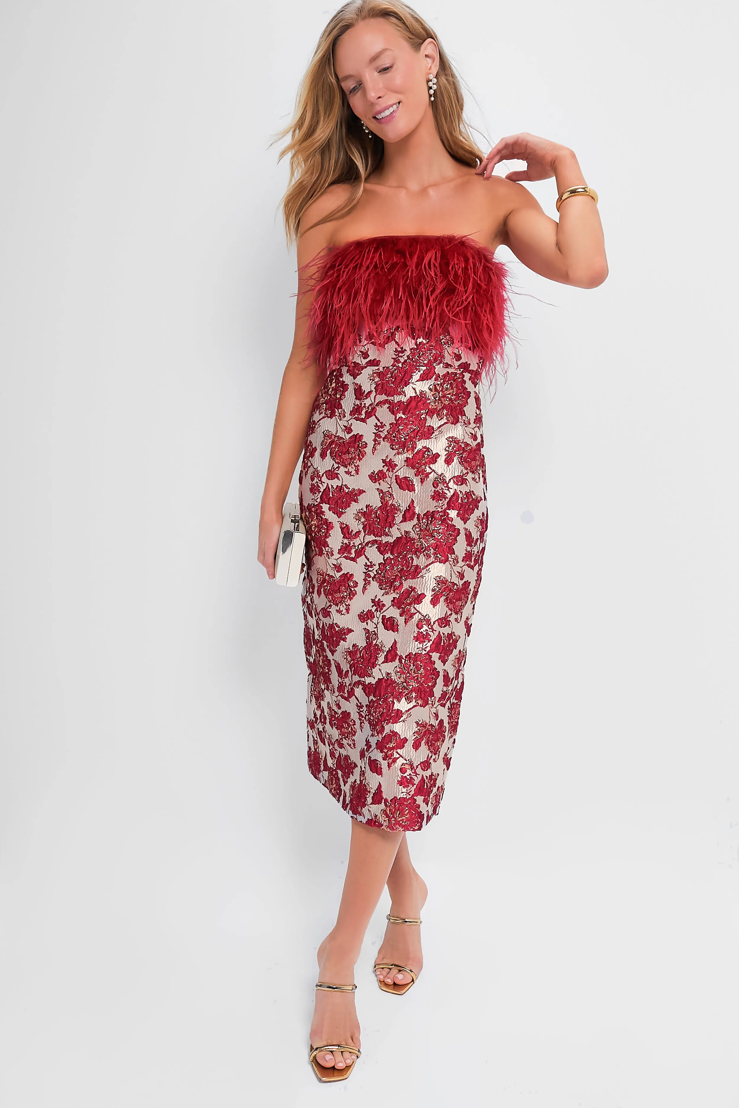 Red Jacquard Feathered Reina Midi Dress