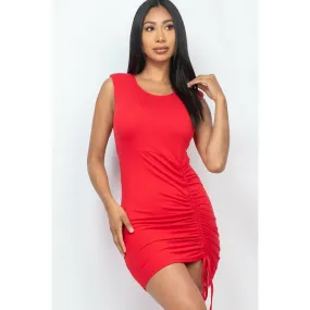 Red sleeveless drawstring ruched mini dress