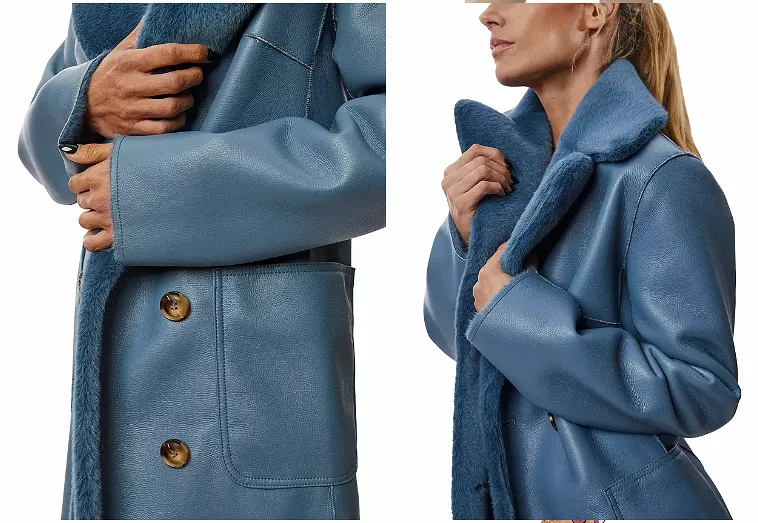 Reversible Blue Faux-Leather Fur Coat