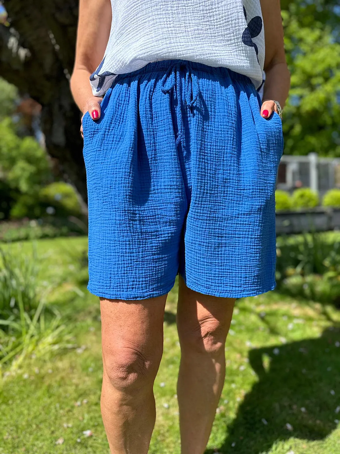 Royal Blue Bubble Cotton Drawstring Shorts