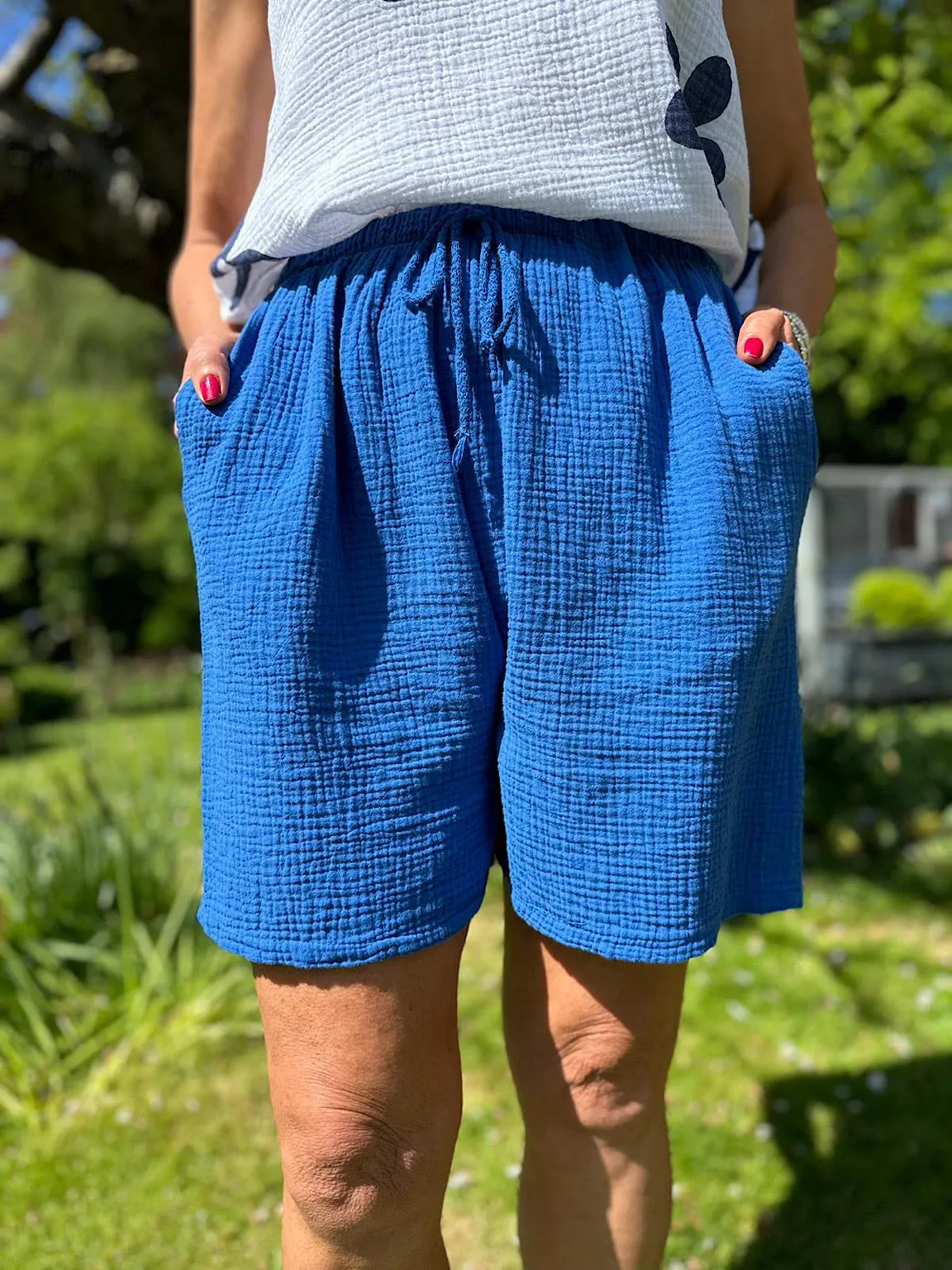 Royal Blue Bubble Cotton Drawstring Shorts