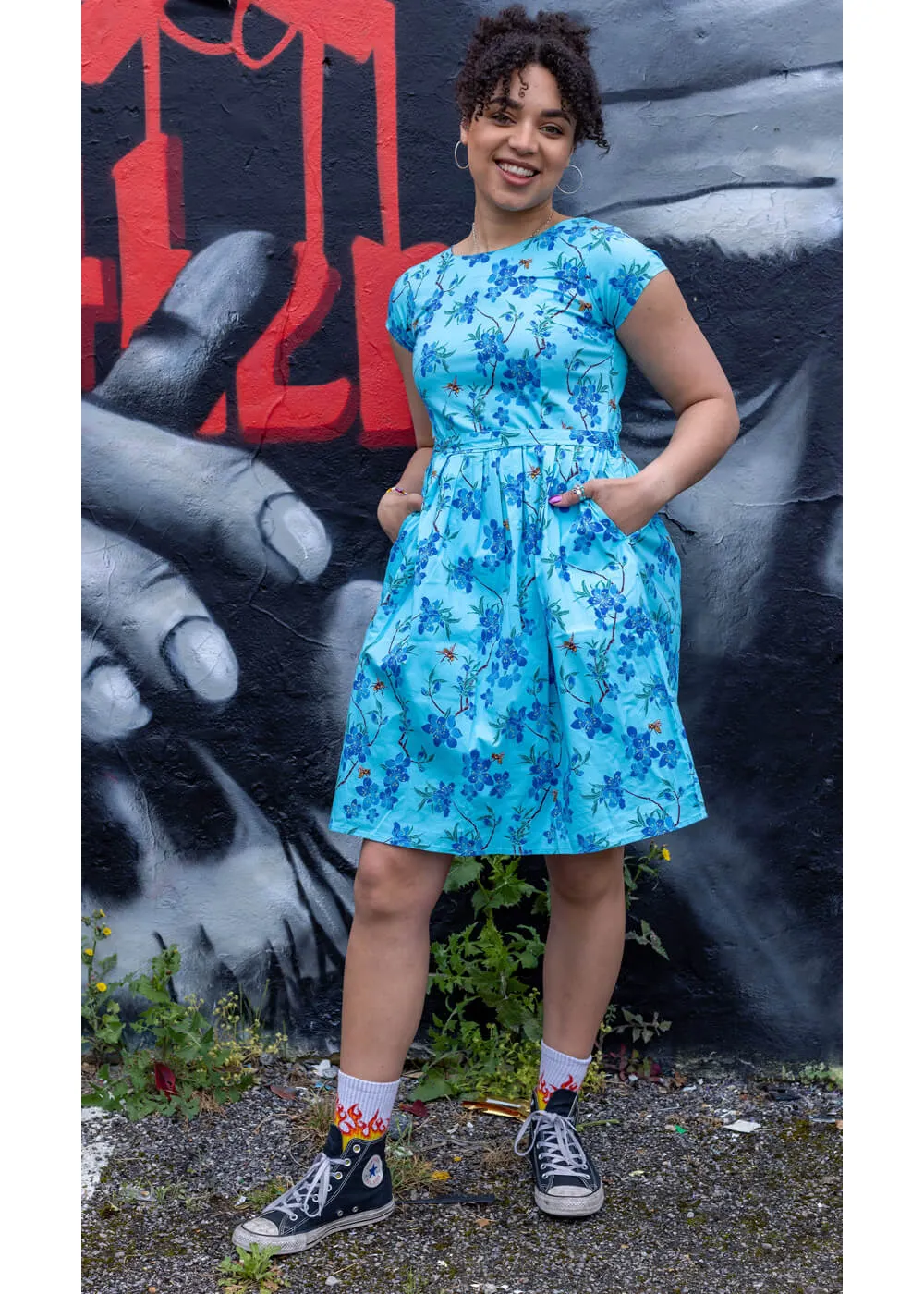 Run & Fly Cherry Blossom 50's Swing Dress Blue