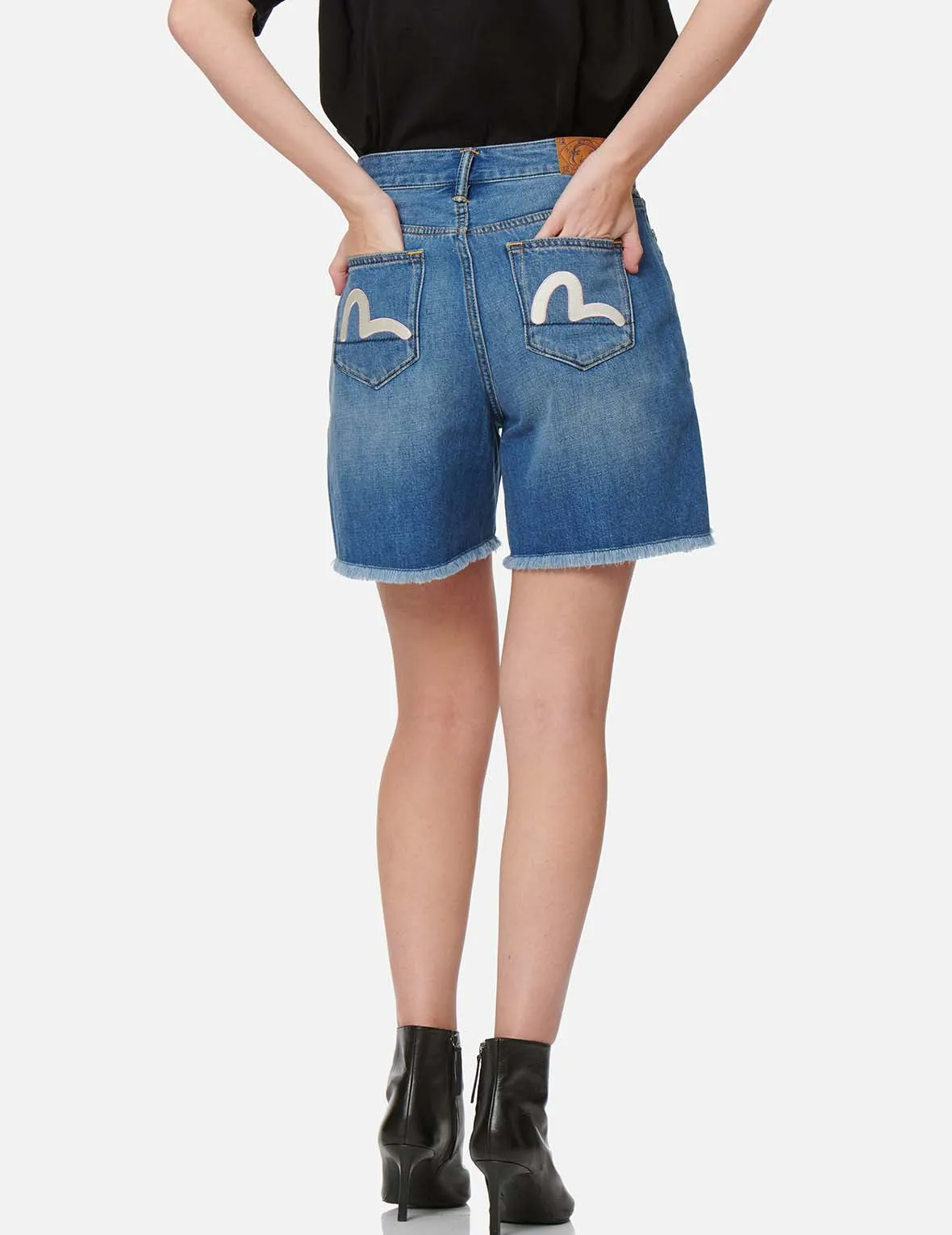 Seagull Embroidery Distressed Denim Shorts