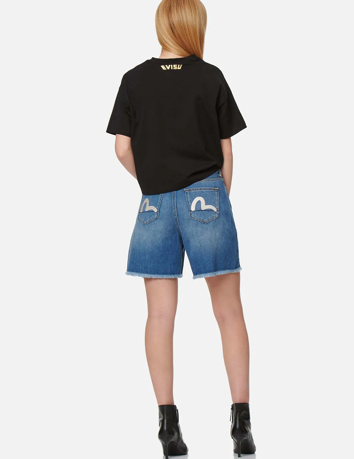 Seagull Embroidery Distressed Denim Shorts