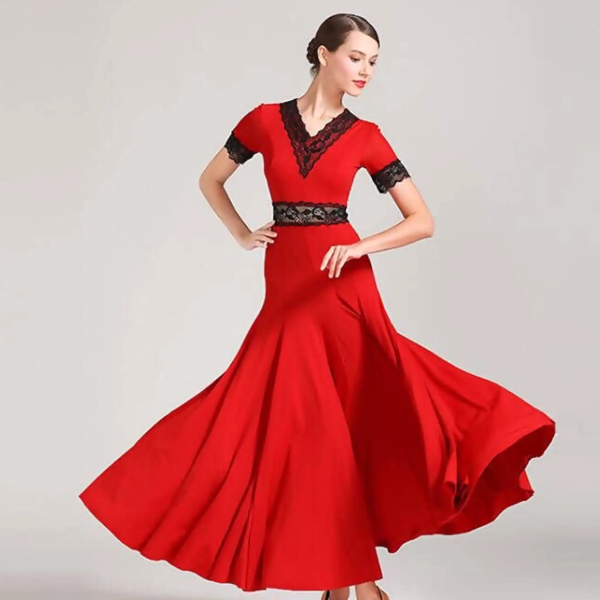 Short Sleeve Ballroom Dancewear Dress| Red/Green/Black | 9056