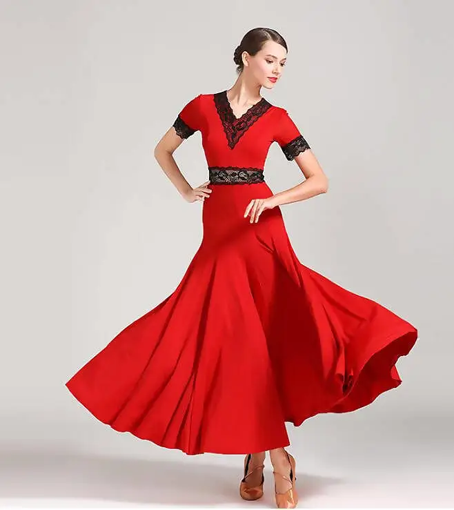 Short Sleeve Ballroom Dancewear Dress| Red/Green/Black | 9056