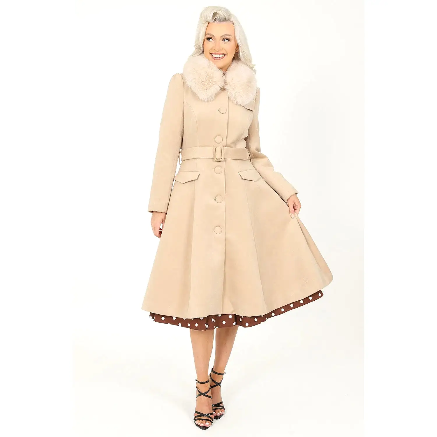 Soft Beige Caramel Vintage Winter Swing Coat With Detachable Collar