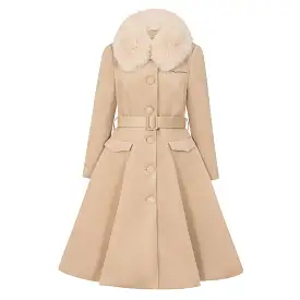 Soft Beige Caramel Vintage Winter Swing Coat With Detachable Collar