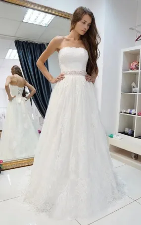 Strapless A-Line Lace Wedding Dress With Beading on Waist