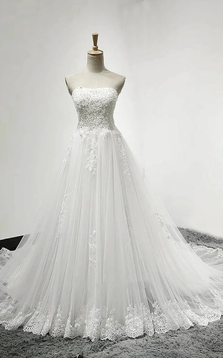 Strapless Tulle Wedding Dress With Lace Bodice Court Train