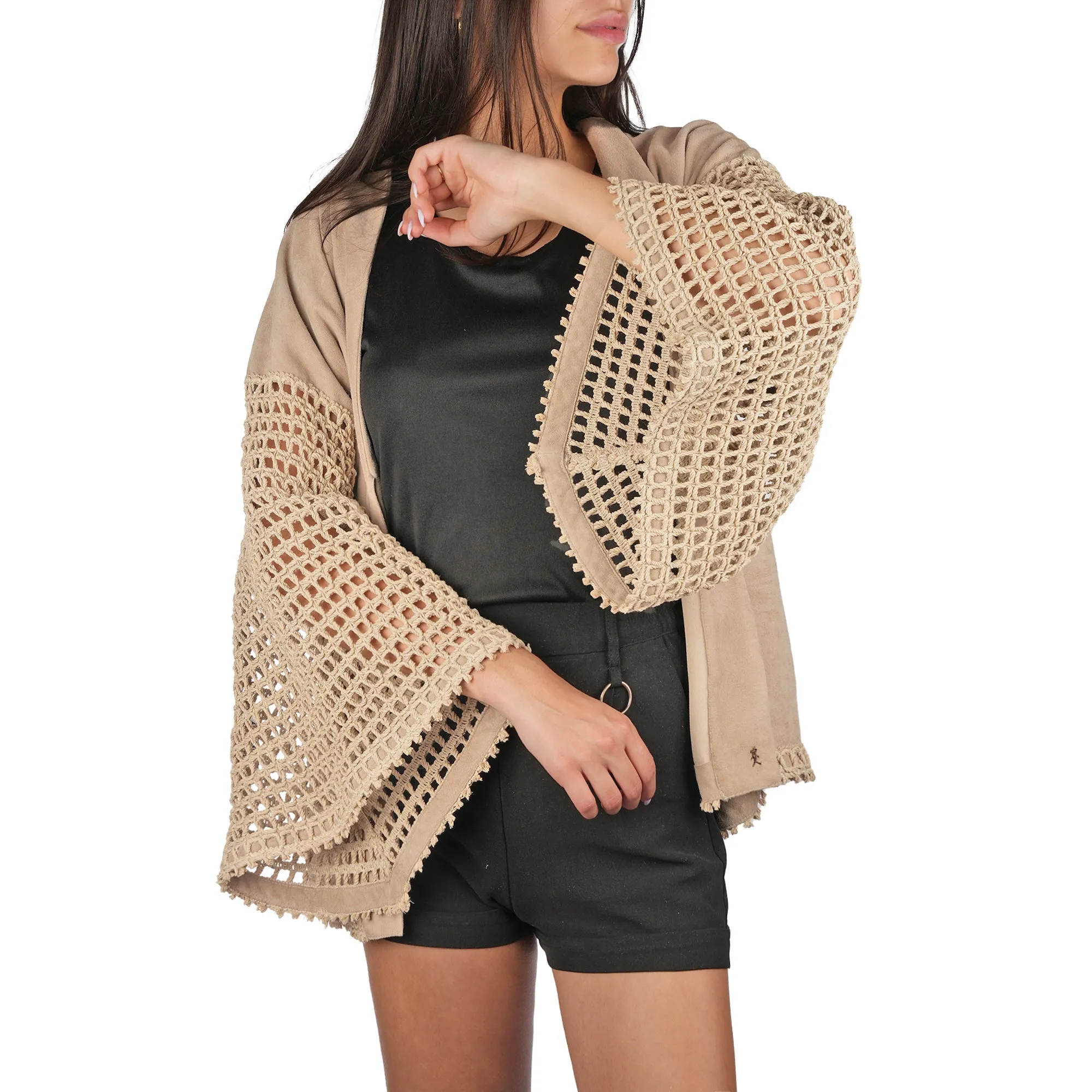 Suede and Crochet Kimono Beige