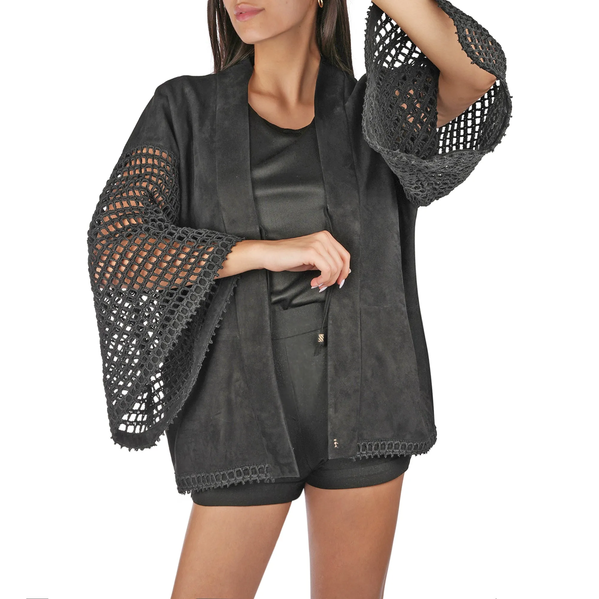 Suede and Crochet Kimono Black