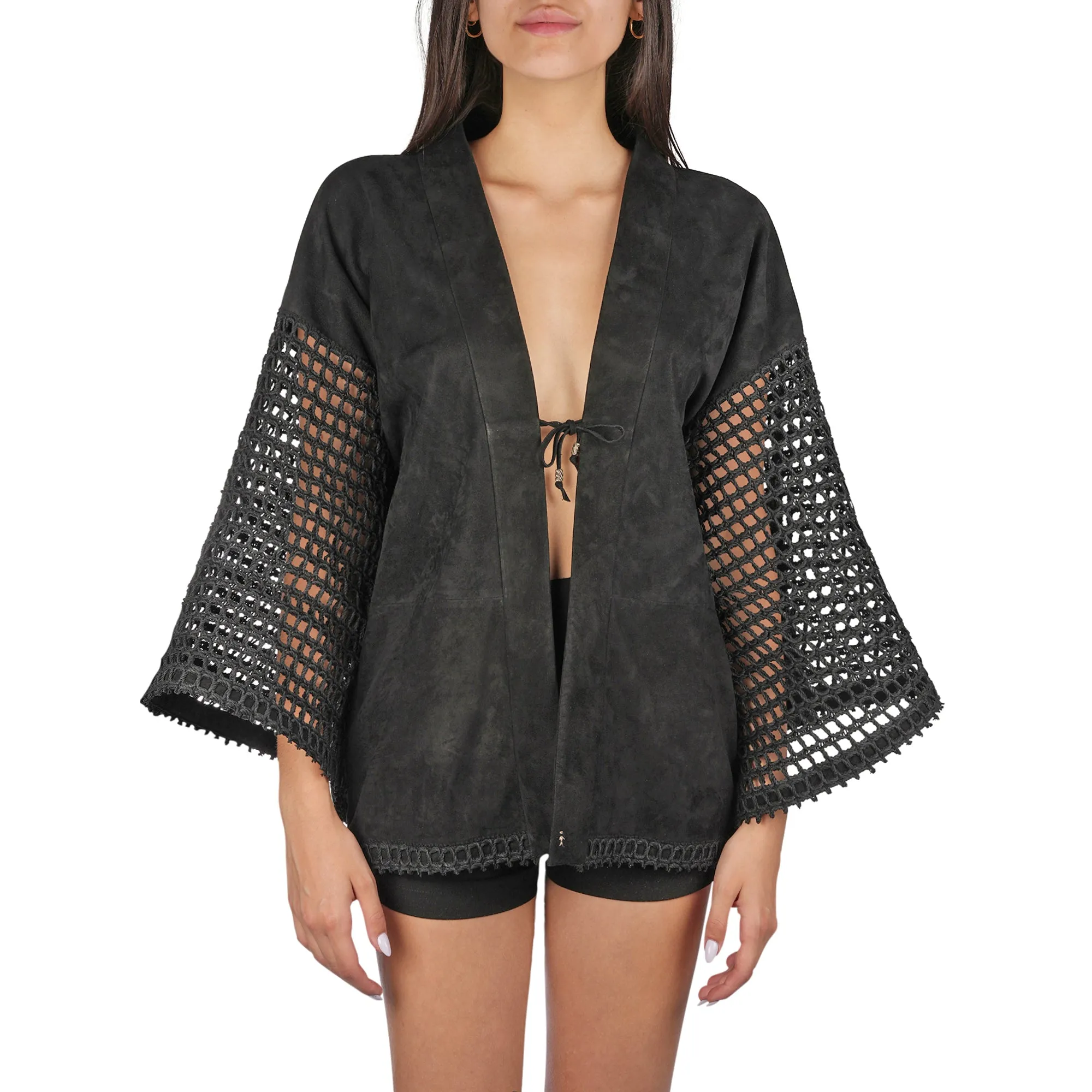 Suede and Crochet Kimono Black