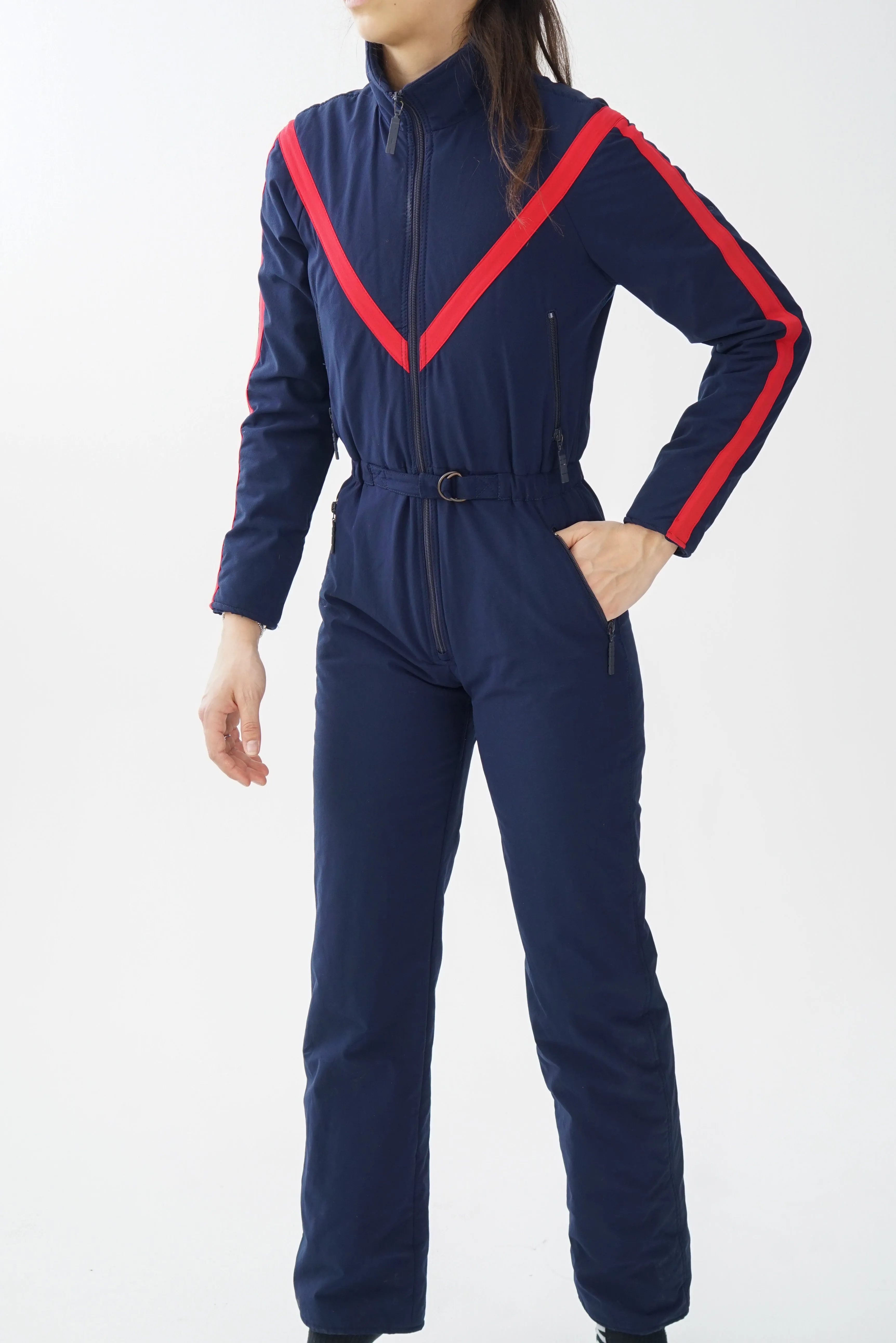 Super rare one piece vintage Henri Charles Colsenet ski suit, snow suit 70s bleu à lignes rouges du designer Suisse taille 40 (S