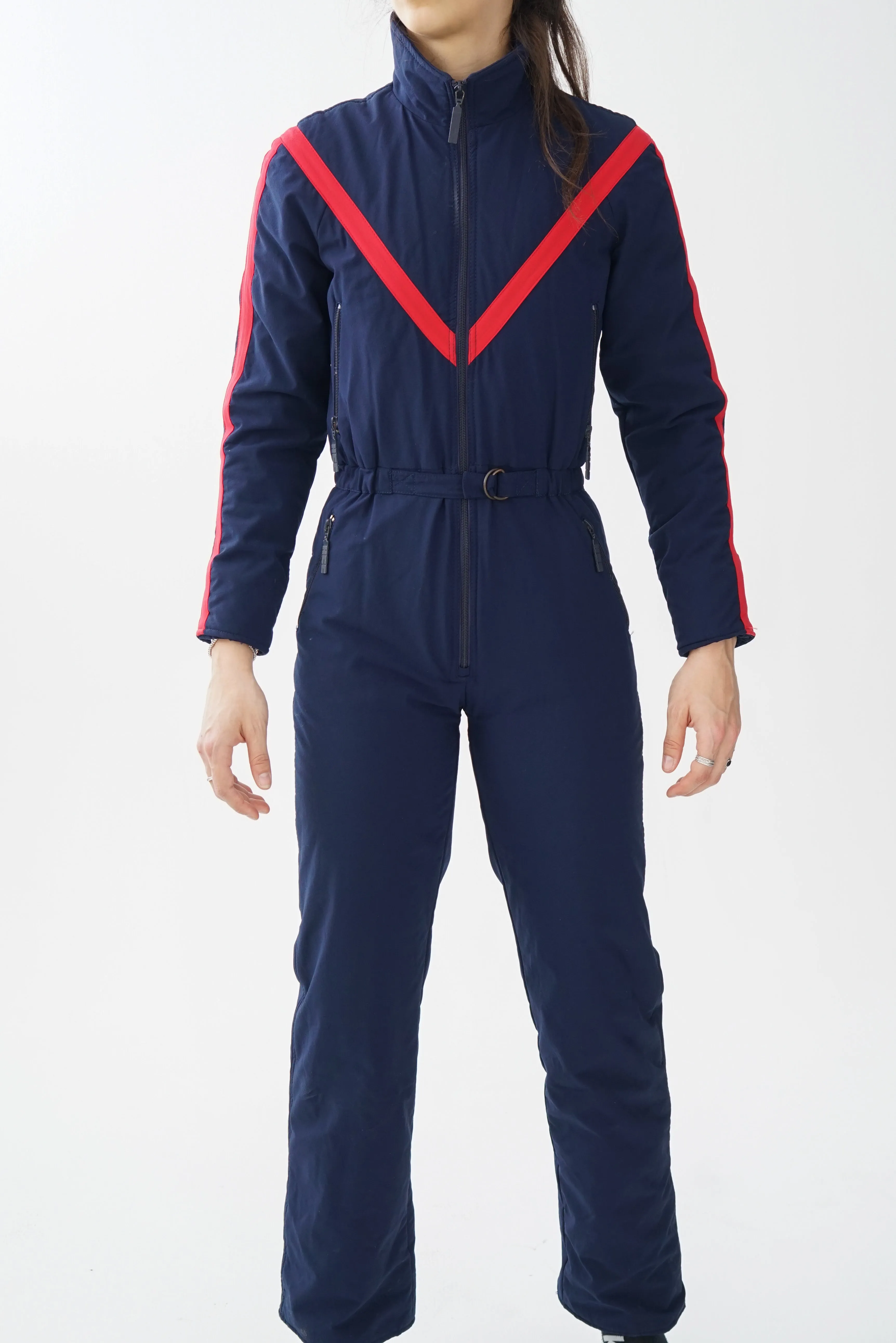 Super rare one piece vintage Henri Charles Colsenet ski suit, snow suit 70s bleu à lignes rouges du designer Suisse taille 40 (S