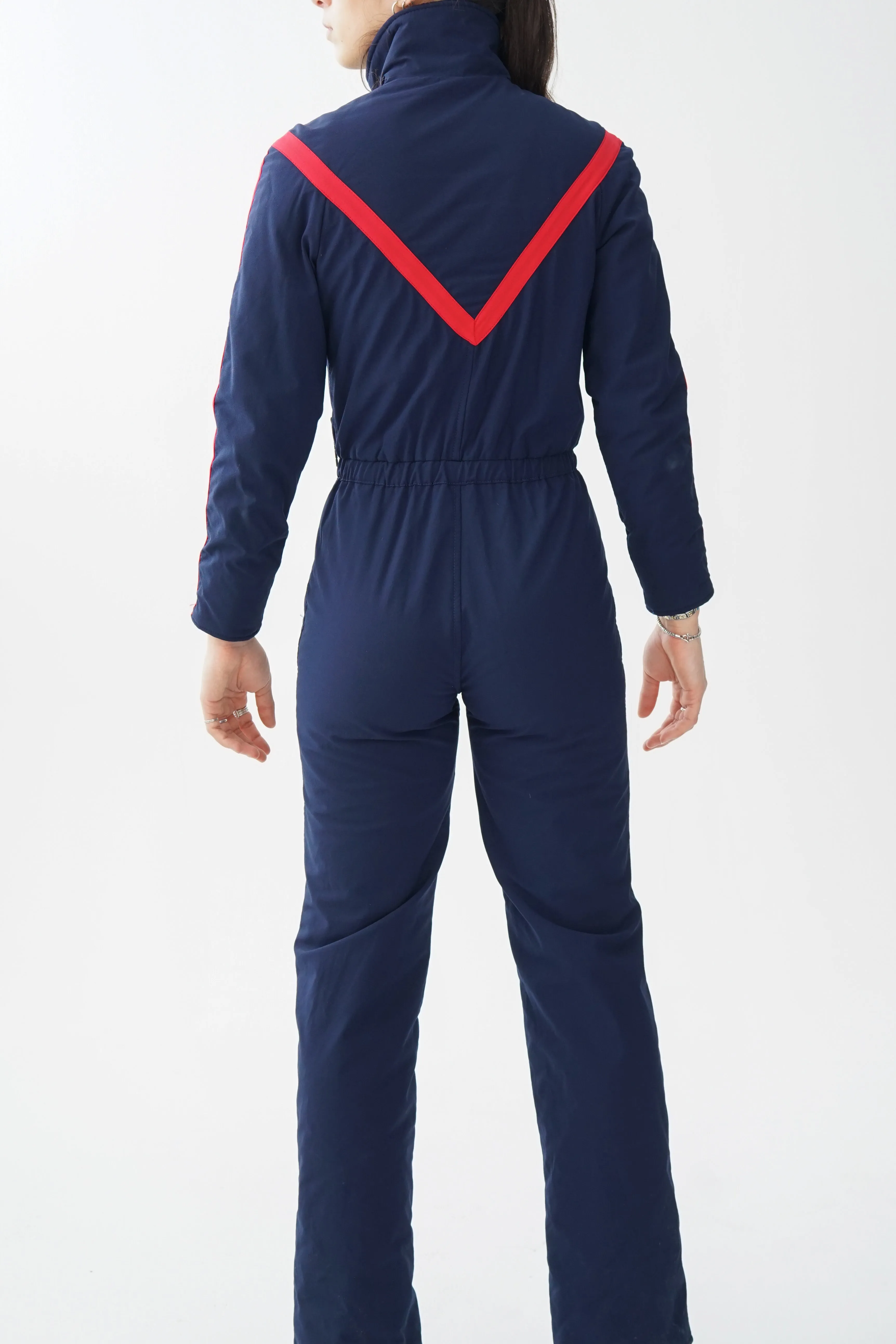 Super rare one piece vintage Henri Charles Colsenet ski suit, snow suit 70s bleu à lignes rouges du designer Suisse taille 40 (S