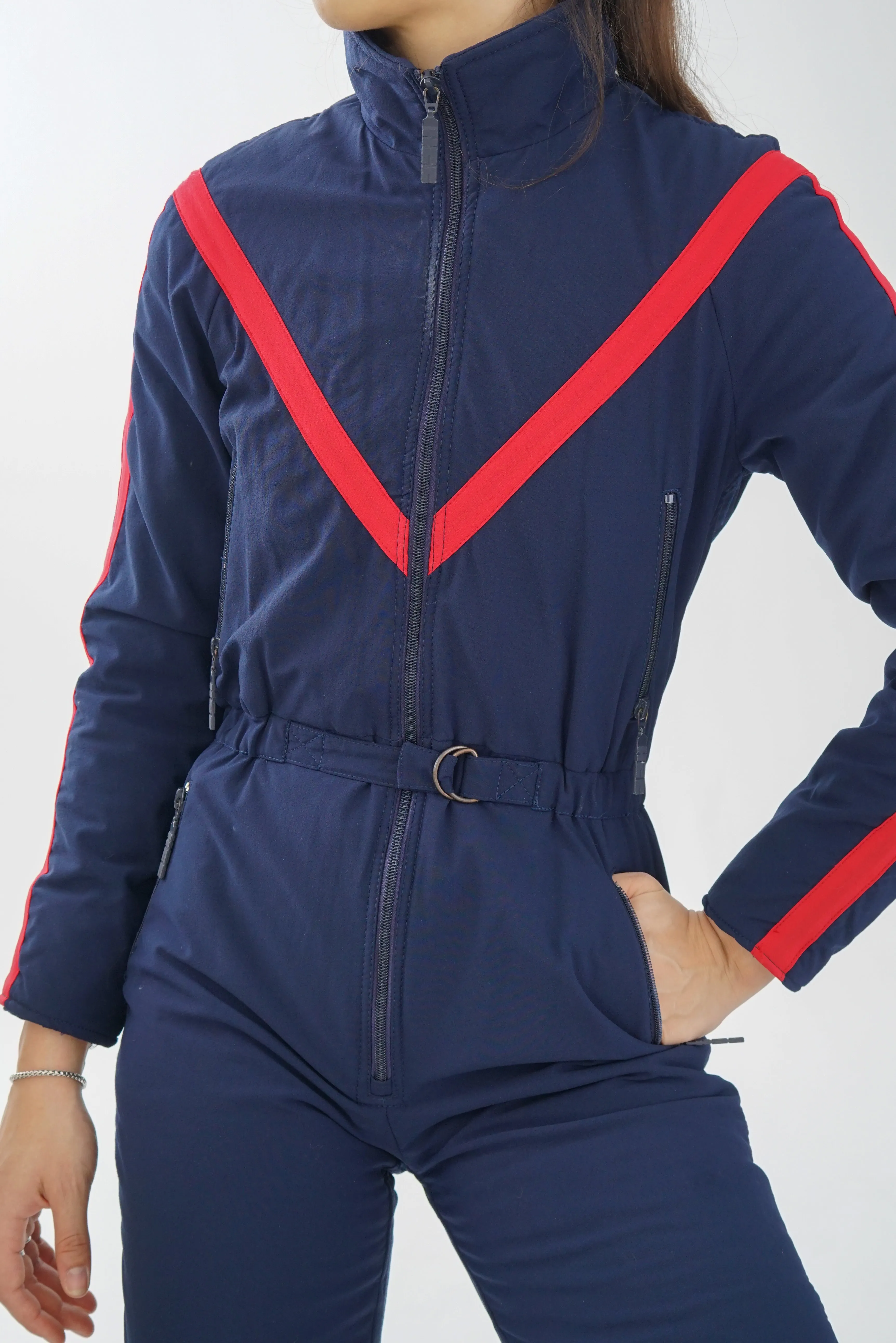 Super rare one piece vintage Henri Charles Colsenet ski suit, snow suit 70s bleu à lignes rouges du designer Suisse taille 40 (S