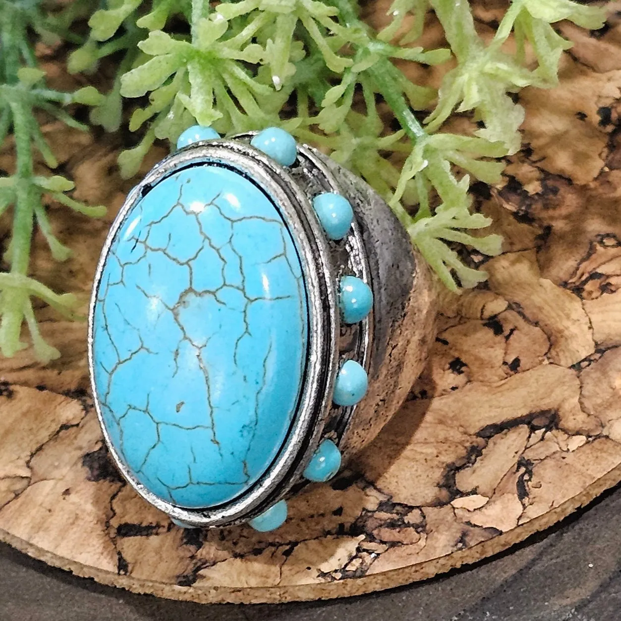 Turquoise Crackle Chunky Round Adjustable Ring