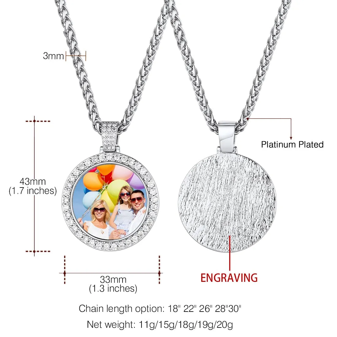 U7 Jewelry Custom Round Picture Necklace With Cubic Zirconia