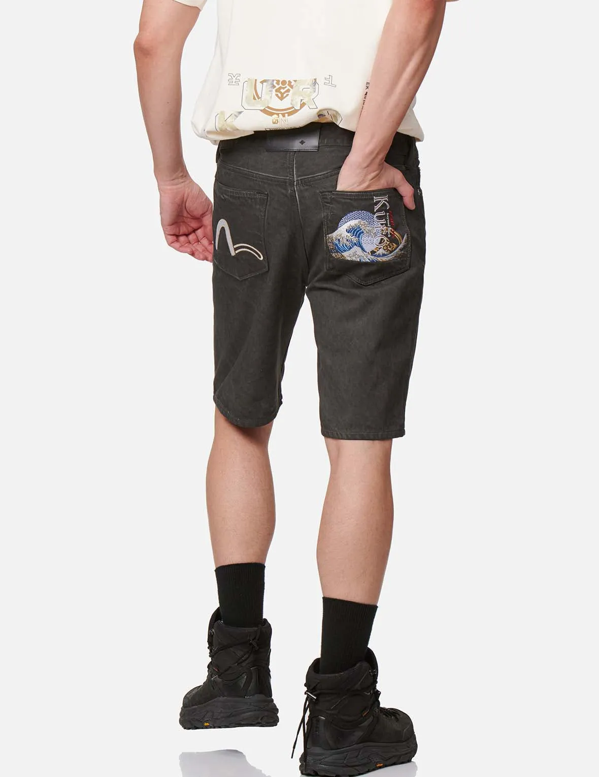 Ukiyo-E and Sashiko Embroidered Denim Shorts