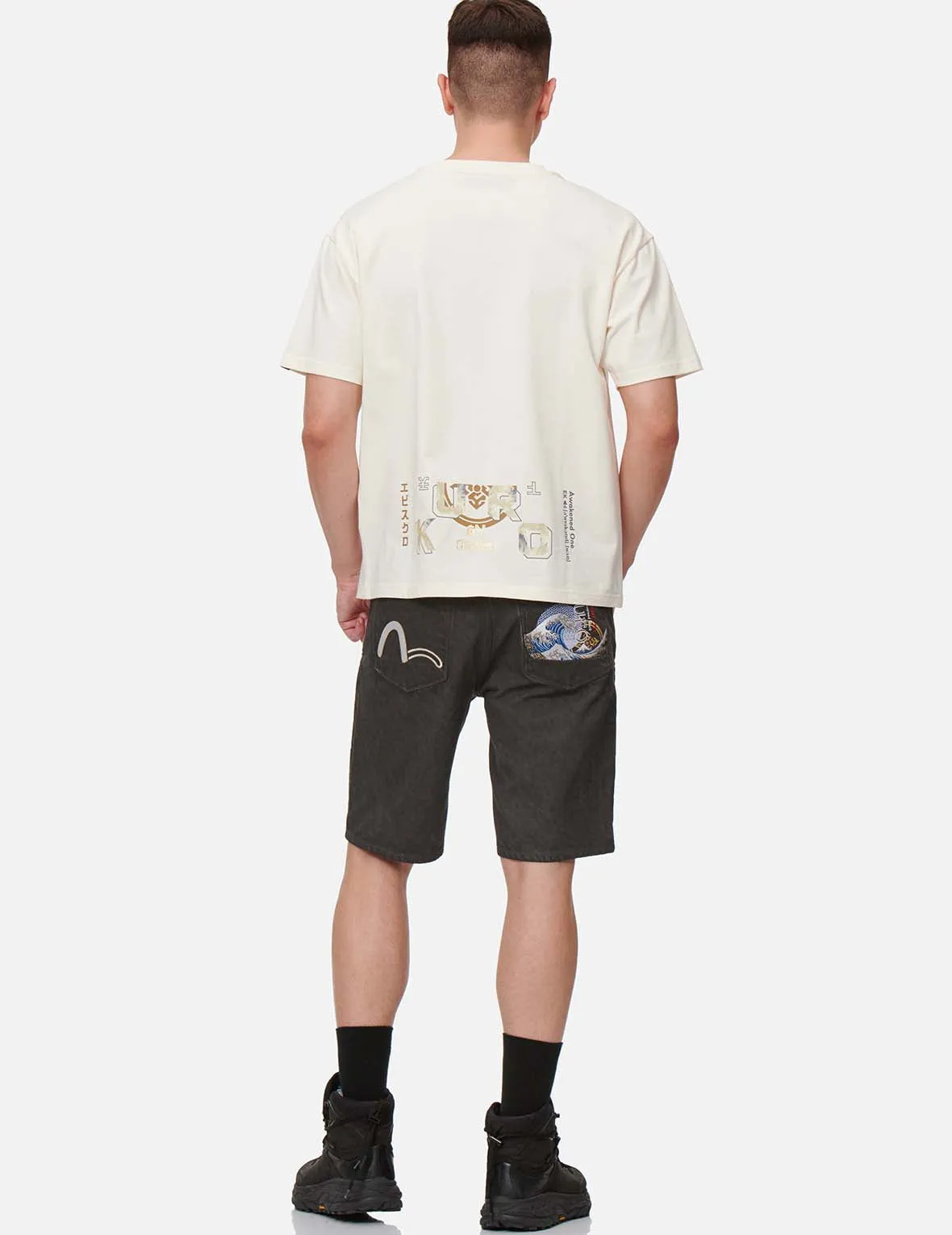 Ukiyo-E and Sashiko Embroidered Denim Shorts