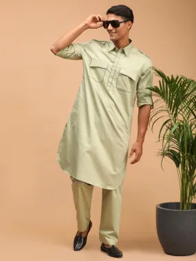 Vastramay Men's Light Green Cotton Blend Pathani Suit Set