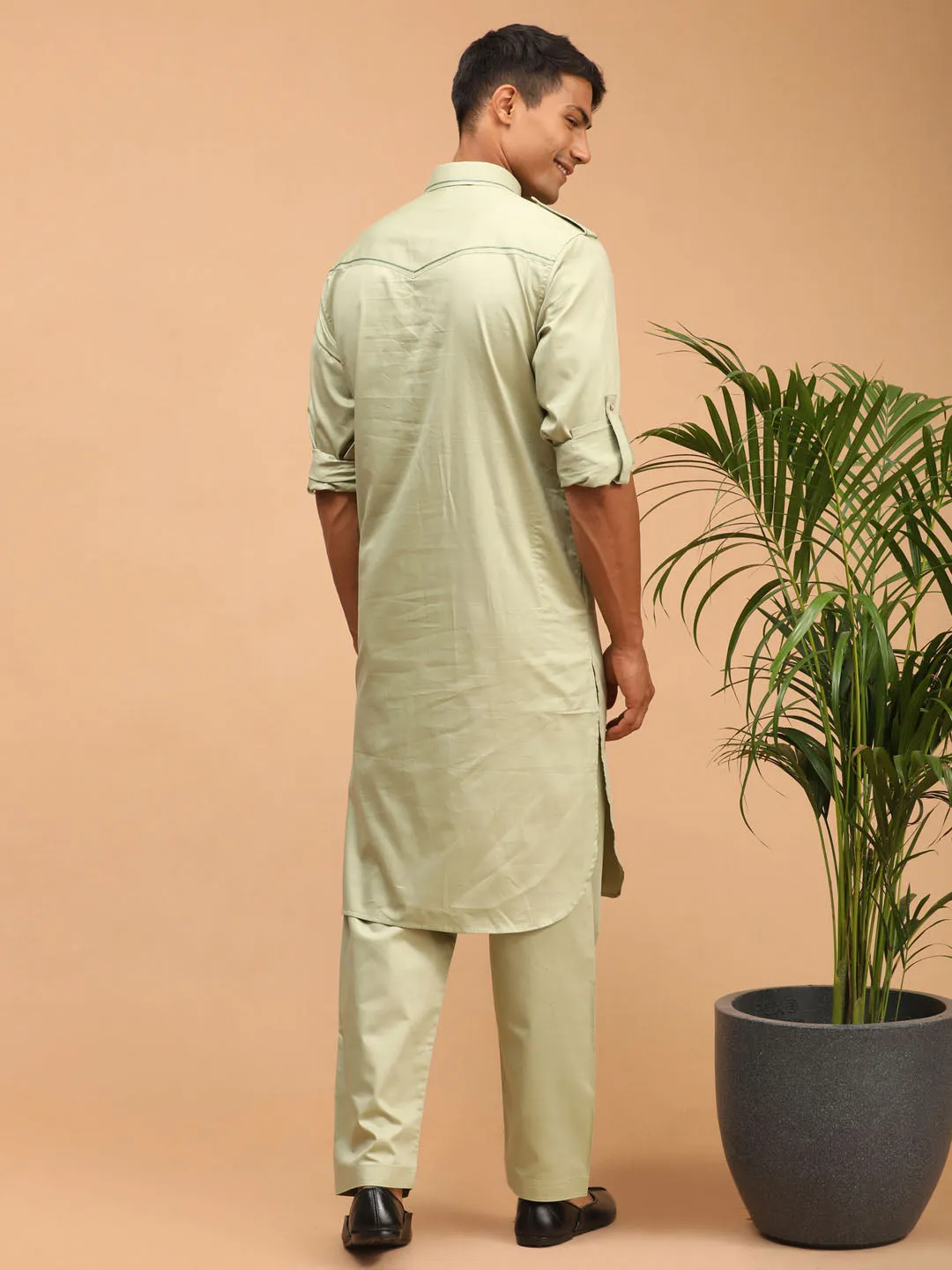 Vastramay Men's Light Green Cotton Blend Pathani Suit Set