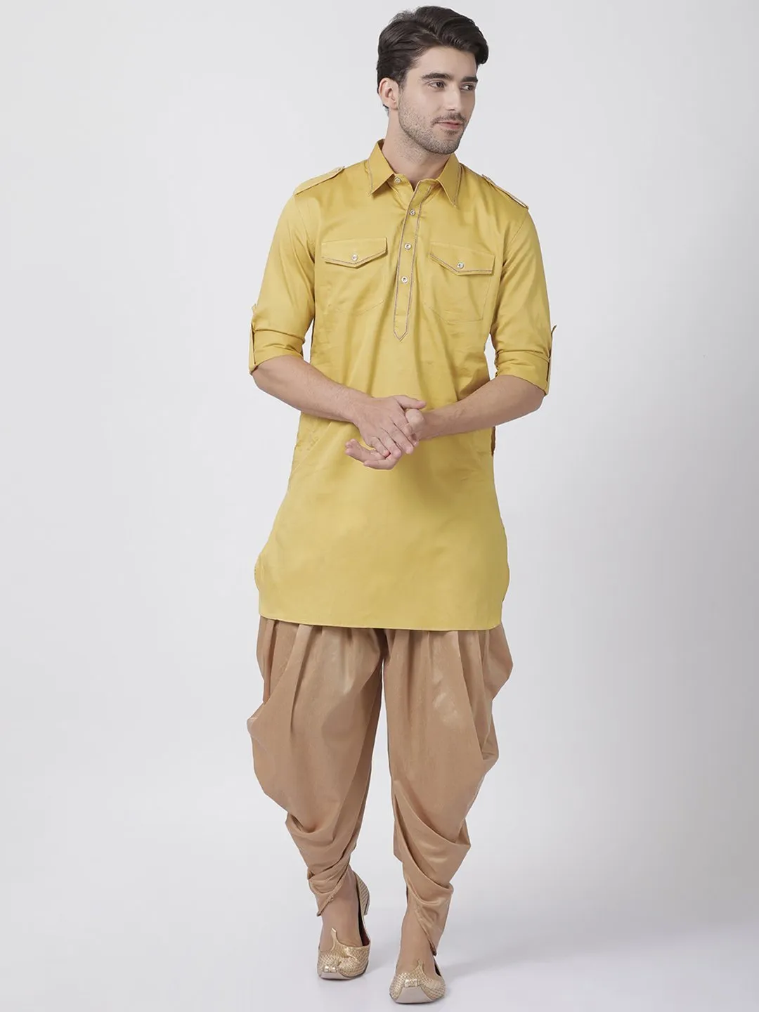 VASTRAMAY Men's Yellow Cotton Blend Pathani Suit Set