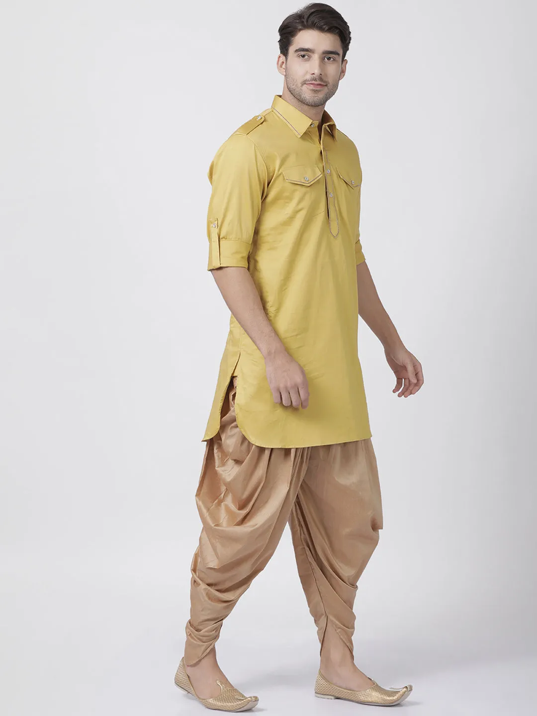 VASTRAMAY Men's Yellow Cotton Blend Pathani Suit Set