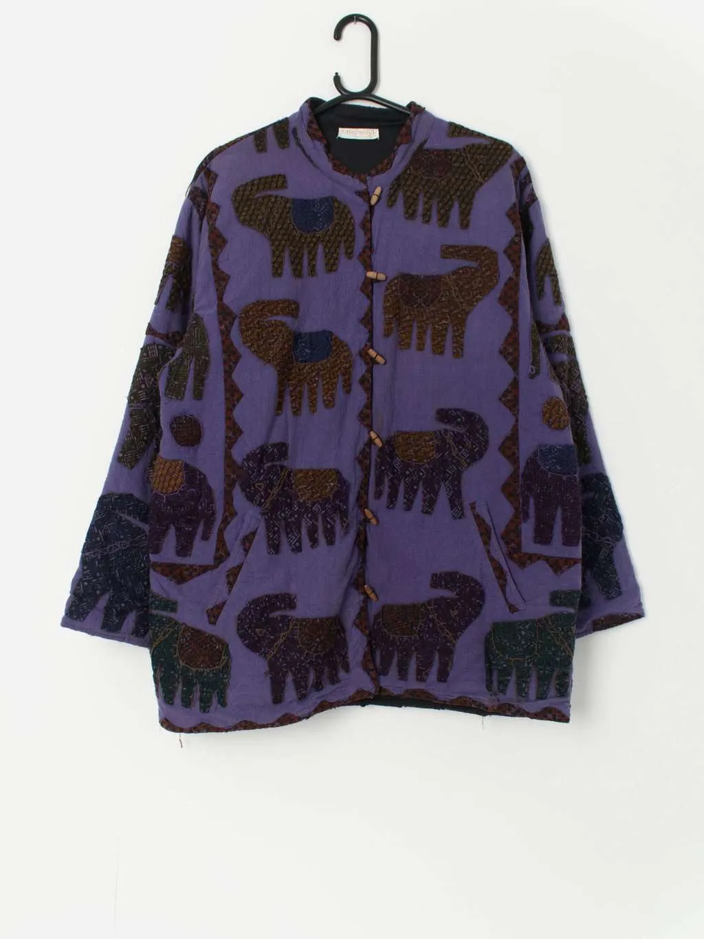 Vintage purple patchwork jacket with appliqué elephants – Large