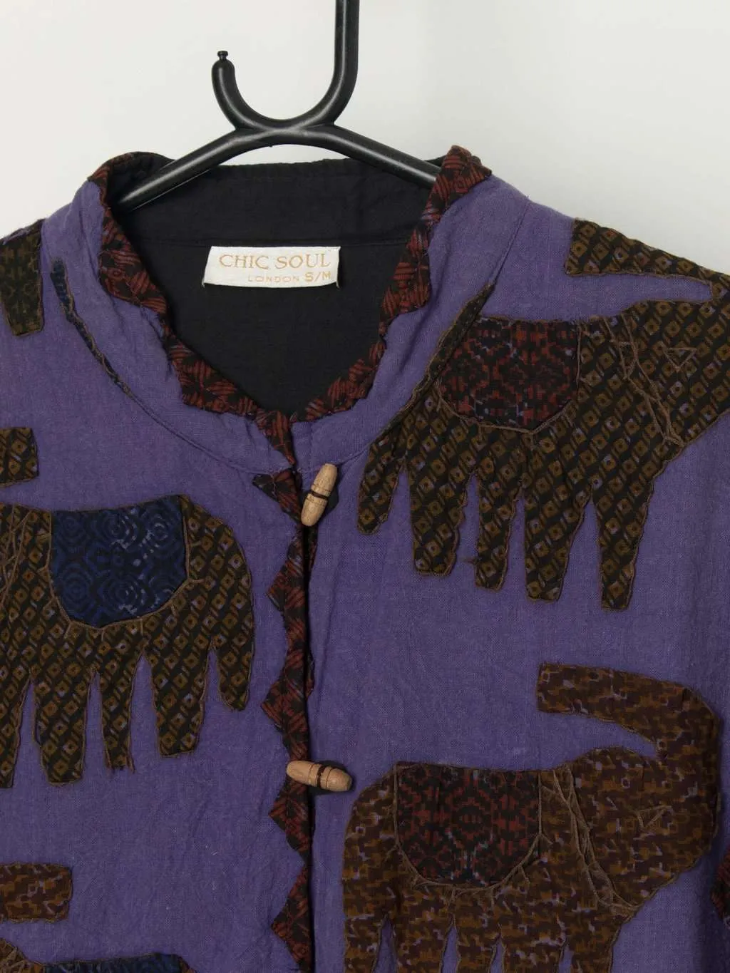 Vintage purple patchwork jacket with appliqué elephants – Large