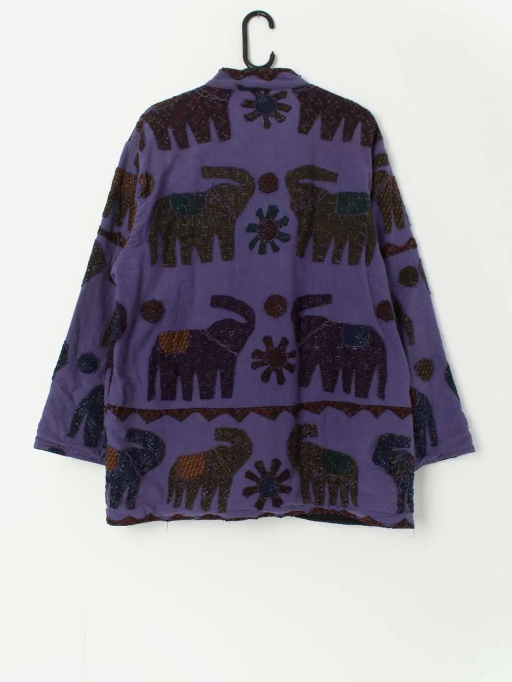 Vintage purple patchwork jacket with appliqué elephants – Large