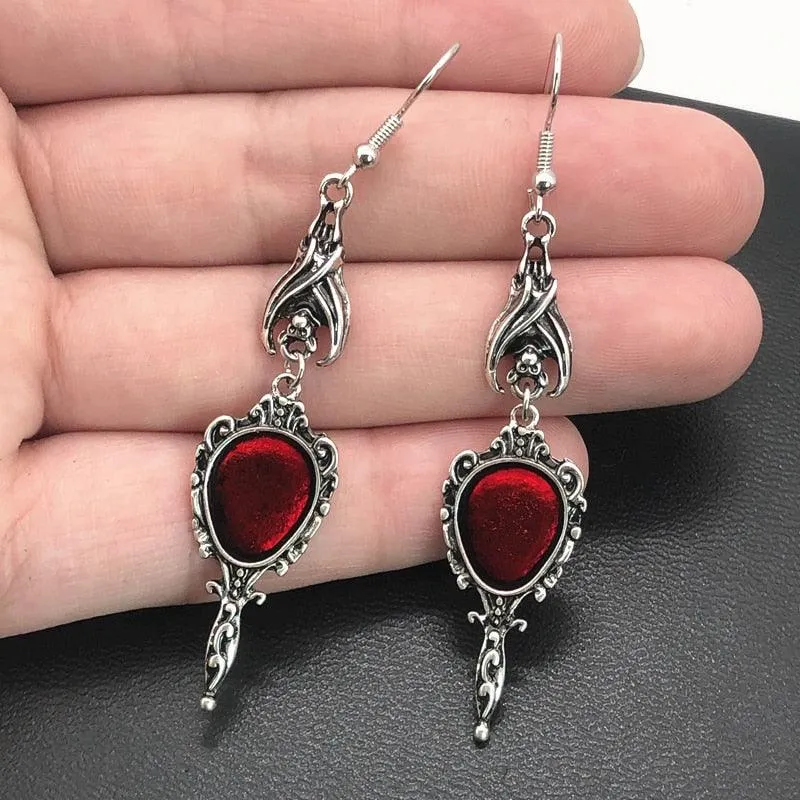 Vintage Vampire Bat Magic Mirror Drop Earrings